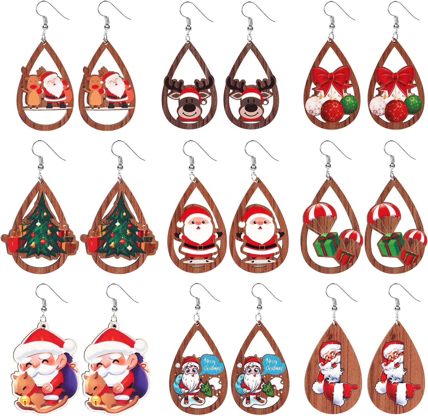 9 Pairs Christmas Earrings for Women, Xmas Drop Earrings Set Holiday Earring Christmas Tree Elk Santa Claus Bell Wooden Teardrop Dangle Earrings for Xmas Winter Holiday Jewelry Party Gift - 我的商店我的商店我的商店