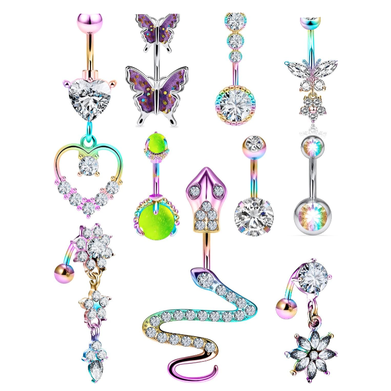 14G Belly Button Ring Stainless steel Dangle Belly rings Snake Glow Dark Round Cubic Zirconia Navel Barbell Body Piercing Jewelry For Women 3/8inch 10mm silver,rose,purple,black men belly ring