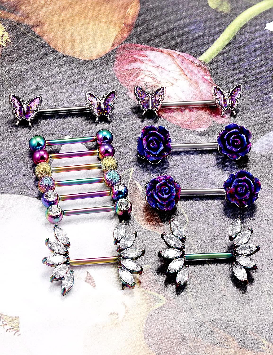 Vsnnsns 14G Nipple Rings Butterfly & Flower Piercing Jewelry - Surgical Steel, Cubic Zirconia, Silver, Black, Rainbow, Rose Gold