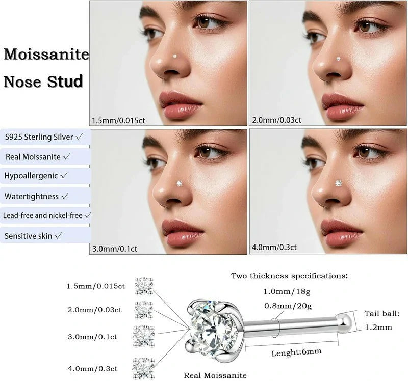 925 Sterling Silver 18G/20G Nose Studs Moissanite Nose Rings Hypoallergenic