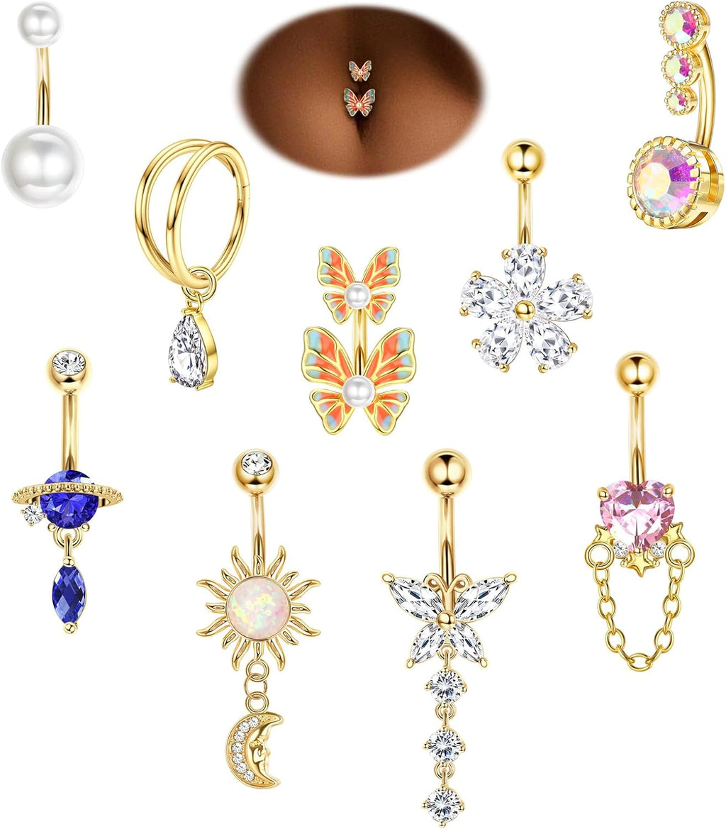 9Pcs 14G Belly Button Rings for Women Surgical Stainless Steel Belly Ring Cute Navel Rings Butterfly Flower Heart Double Hoop Dangle Belly Button Ring Set - 我的商店我的商店我的商店