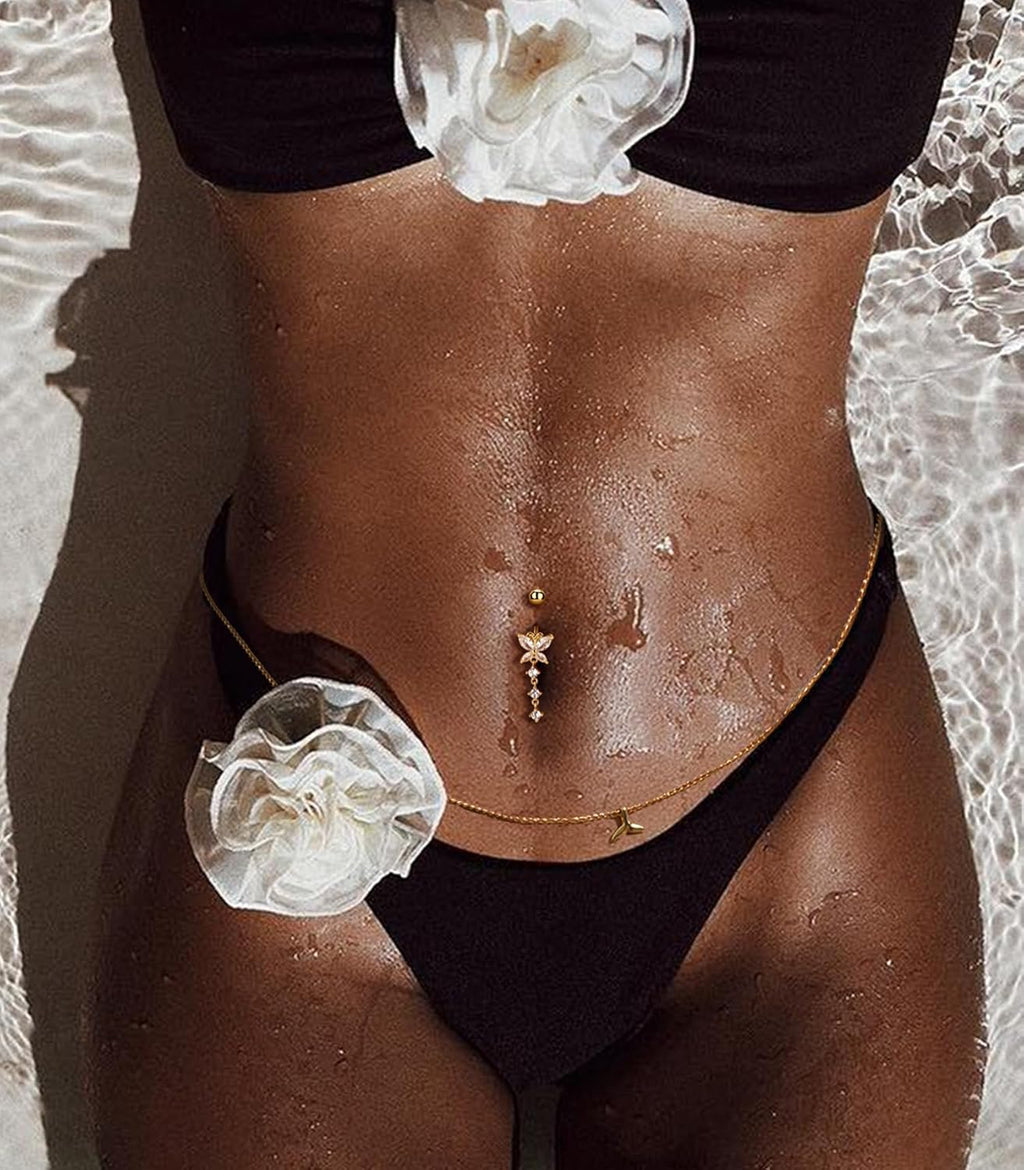 9Pcs 14G Belly Button Rings for Women Surgical Stainless Steel Belly Ring Cute Navel Rings Butterfly Flower Heart Double Hoop Dangle Belly Button Ring Set - 我的商店我的商店我的商店