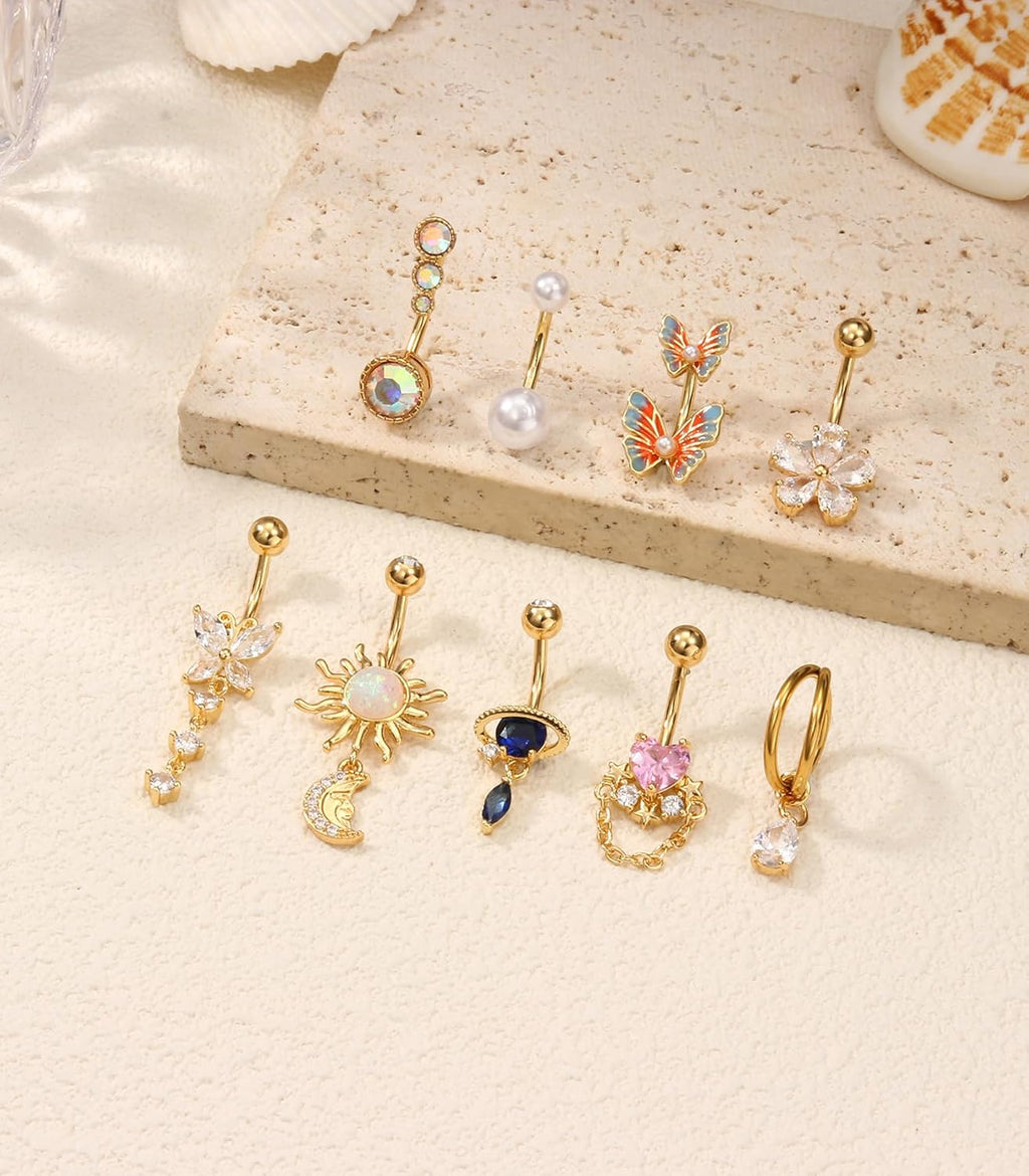 9Pcs 14G Belly Button Rings for Women Surgical Stainless Steel Belly Ring Cute Navel Rings Butterfly Flower Heart Double Hoop Dangle Belly Button Ring Set - 我的商店我的商店我的商店