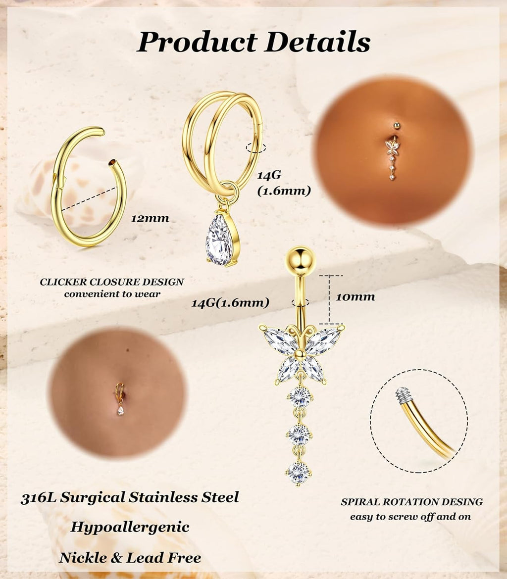 9Pcs 14G Belly Button Rings for Women Surgical Stainless Steel Belly Ring Cute Navel Rings Butterfly Flower Heart Double Hoop Dangle Belly Button Ring Set - 我的商店我的商店我的商店