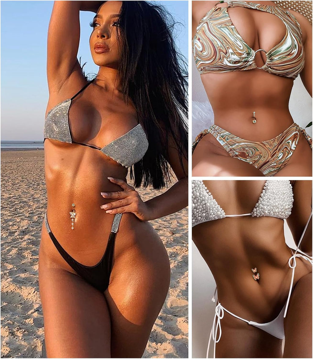 9Pcs 14G Belly Button Rings for Women Surgical Stainless Steel Belly Ring Cute Navel Rings Butterfly Flower Heart Double Hoop Dangle Belly Button Ring Set - 我的商店我的商店我的商店