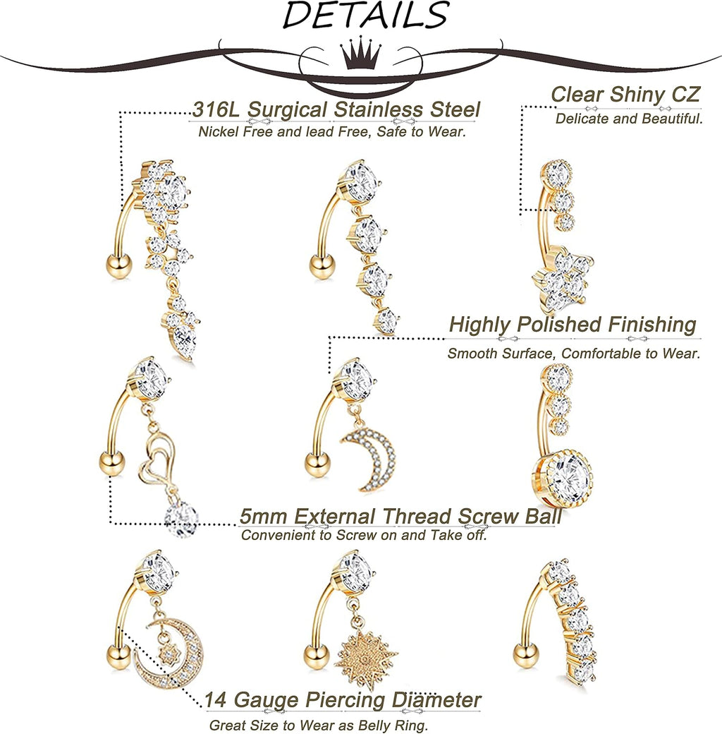 9Pcs 14G Stainless Steel Dangle Belly Rings for Women Reverse Navel Rings Curved Barbell Body Piercing Jewelry - 我的商店我的商店我的商店