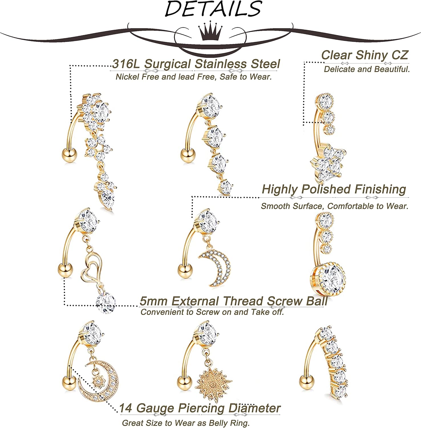 9Pcs 14G Stainless Steel Dangle Belly Rings for Women Reverse Navel Rings Curved Barbell Body Piercing Jewelry - 我的商店我的商店我的商店