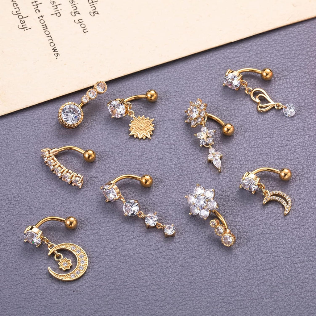 9Pcs 14G Stainless Steel Dangle Belly Rings for Women Reverse Navel Rings Curved Barbell Body Piercing Jewelry - 我的商店我的商店我的商店