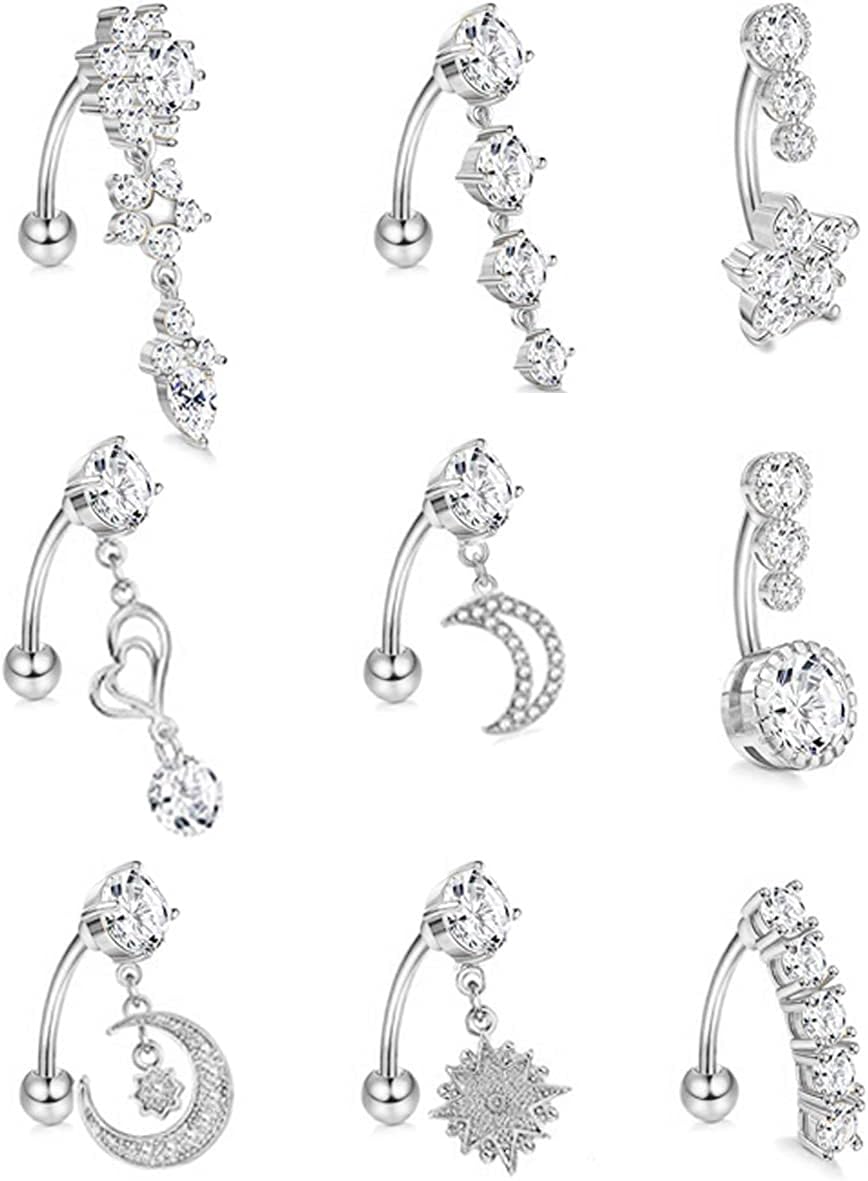 9Pcs 14G Stainless Steel Dangle Belly Rings for Women Reverse Navel Rings Curved Barbell Body Piercing Jewelry - 我的商店我的商店我的商店