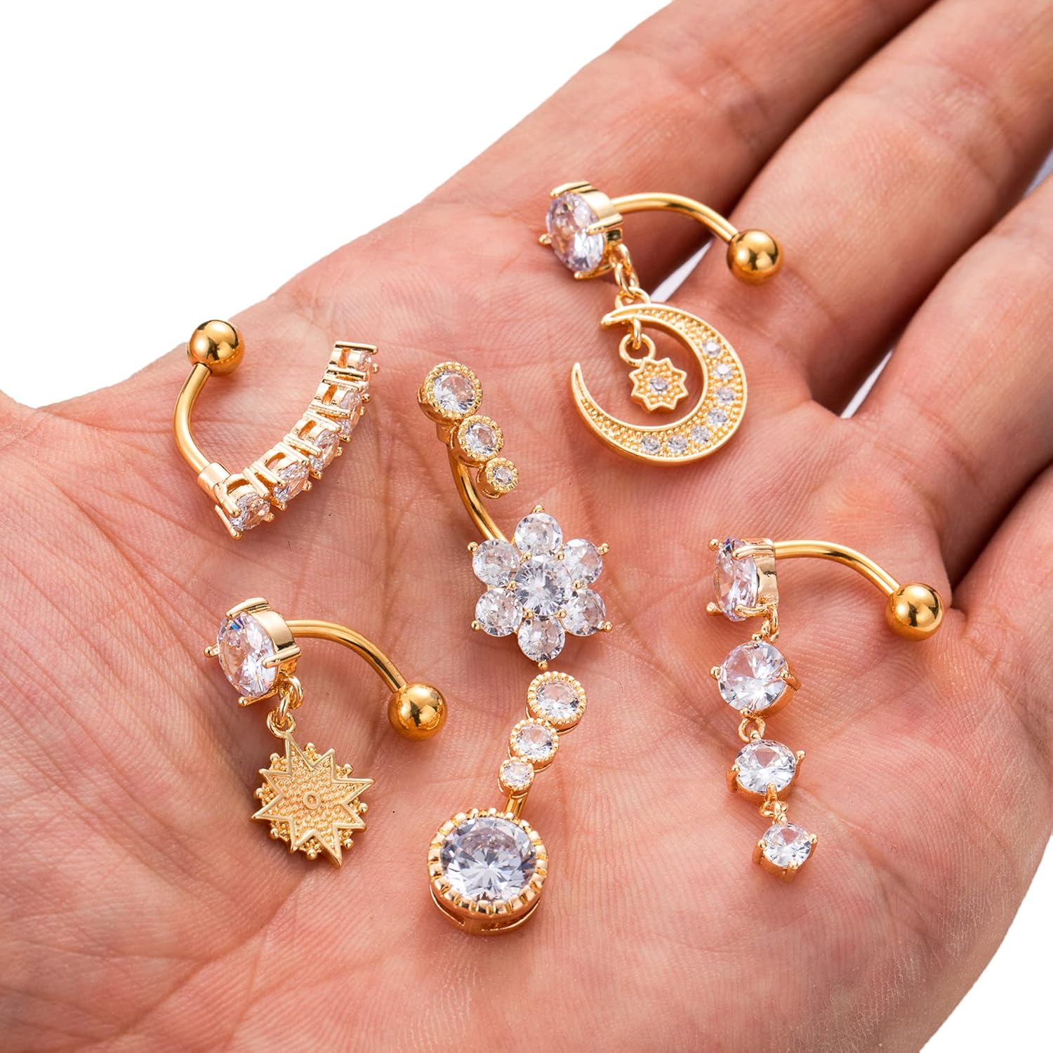 9Pcs 14G Stainless Steel Dangle Belly Rings for Women Reverse Navel Rings Curved Barbell Body Piercing Jewelry - 我的商店我的商店我的商店