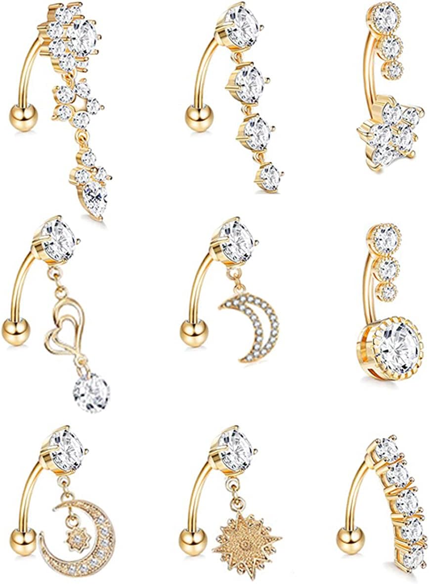 9Pcs 14G Stainless Steel Dangle Belly Rings for Women Reverse Navel Rings Curved Barbell Body Piercing Jewelry - 我的商店我的商店我的商店