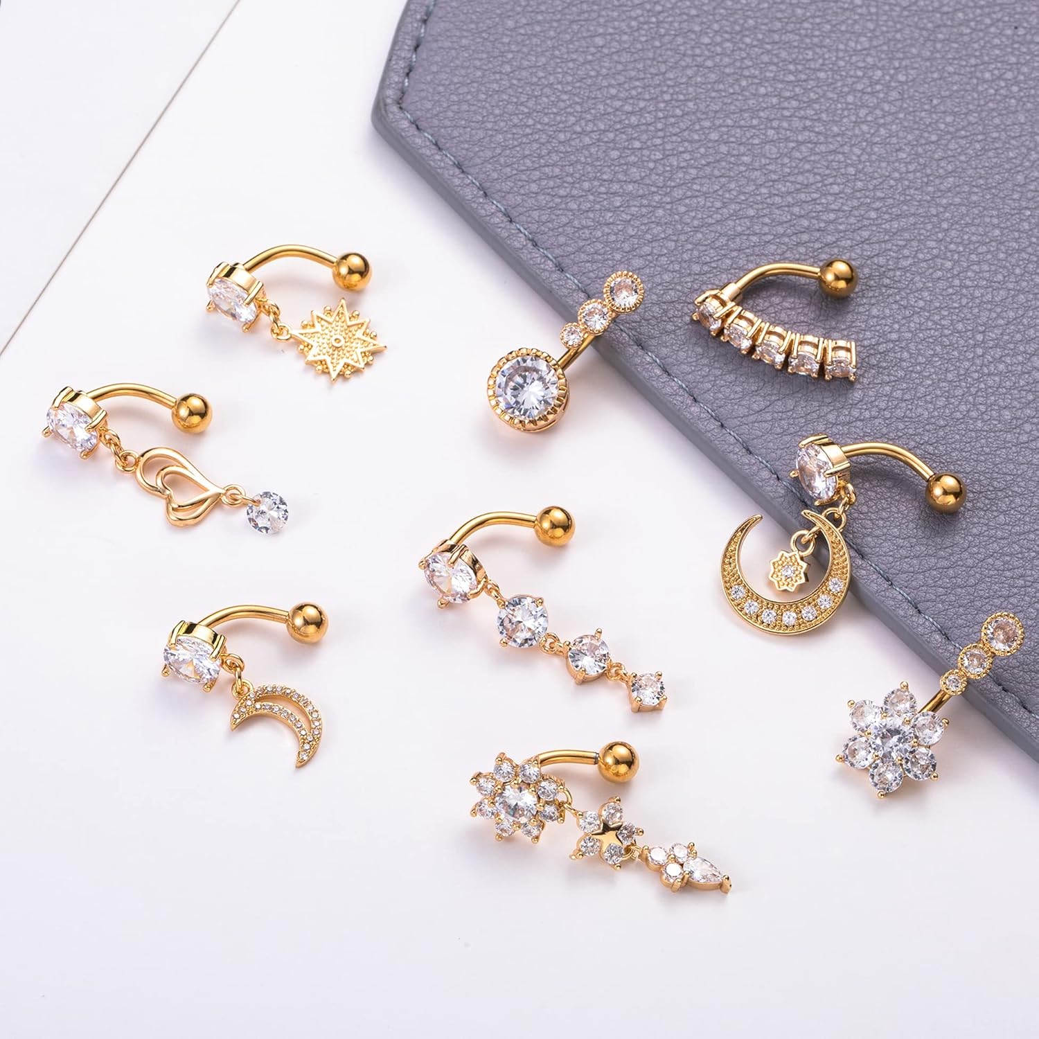 9Pcs 14G Stainless Steel Dangle Belly Rings for Women Reverse Navel Rings Curved Barbell Body Piercing Jewelry - 我的商店我的商店我的商店