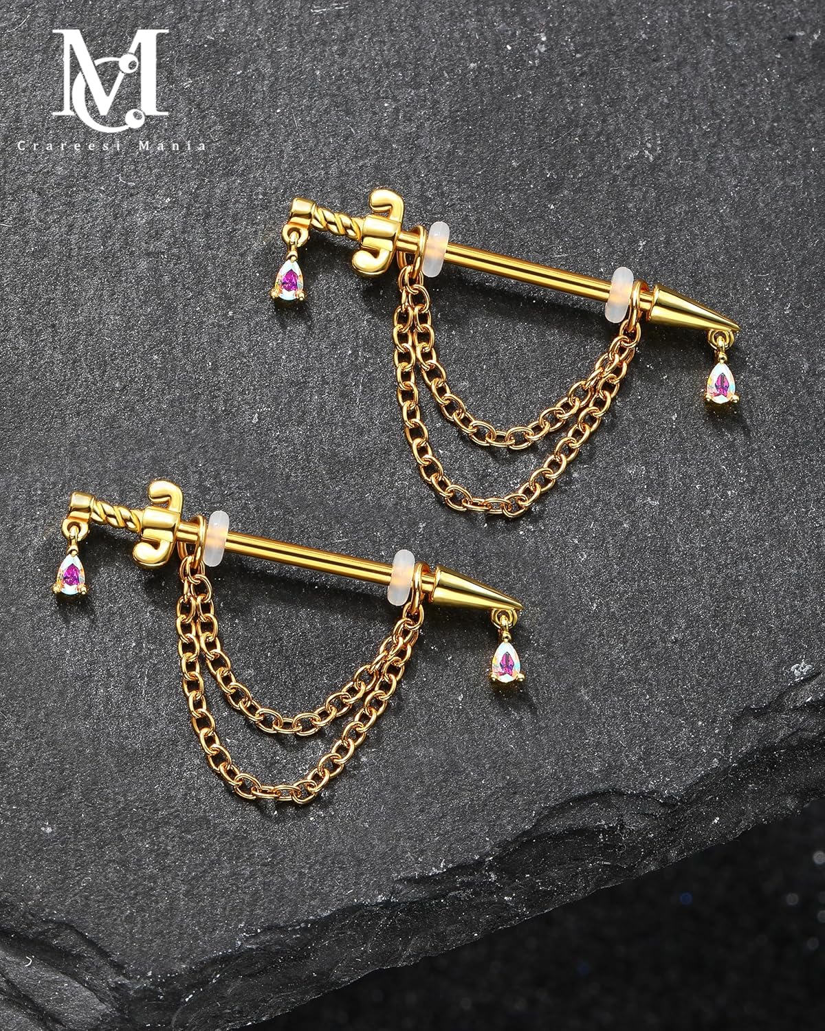 CM Crareesi Mania Dagger Nipple Ring 316L Stainless Steel Dangle Chain Nipple Piercing Jewelry 14G Gold Nipple Barbells for Women