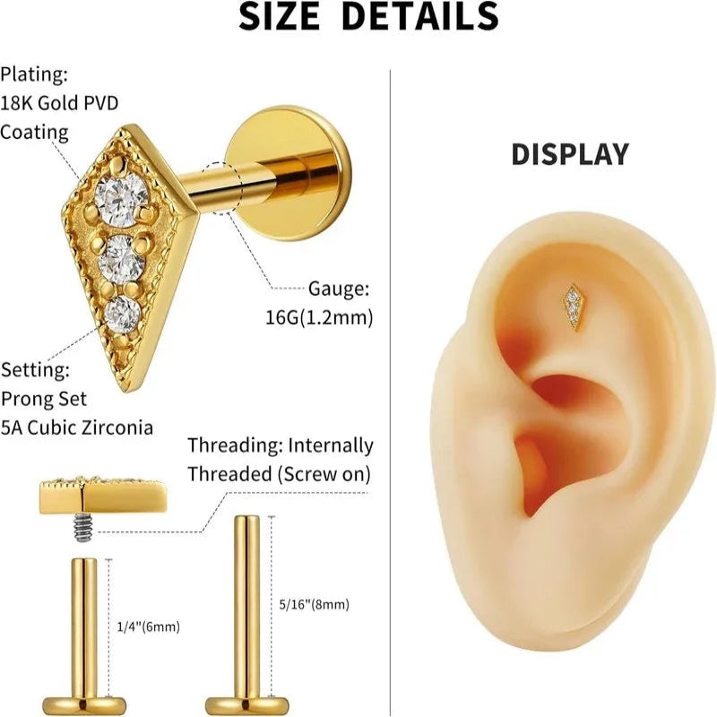 F136 Titanium Rhombus Flat Back Stud for Tragus Conch Helix Flat Labret