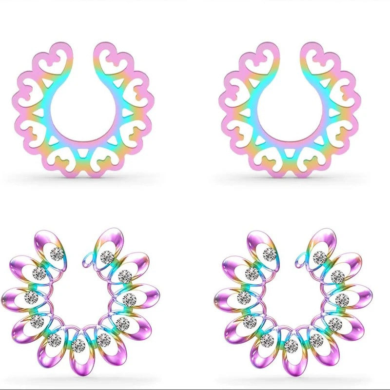 Hearts/Crystal Tribal Floral/Flower Clip On Non Piercing Nipplerings