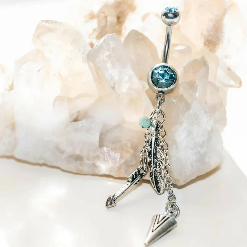 Surgical Steel Tribal Feather and Arrow Charms Synthetic Turquoise Dangle Belly Ring