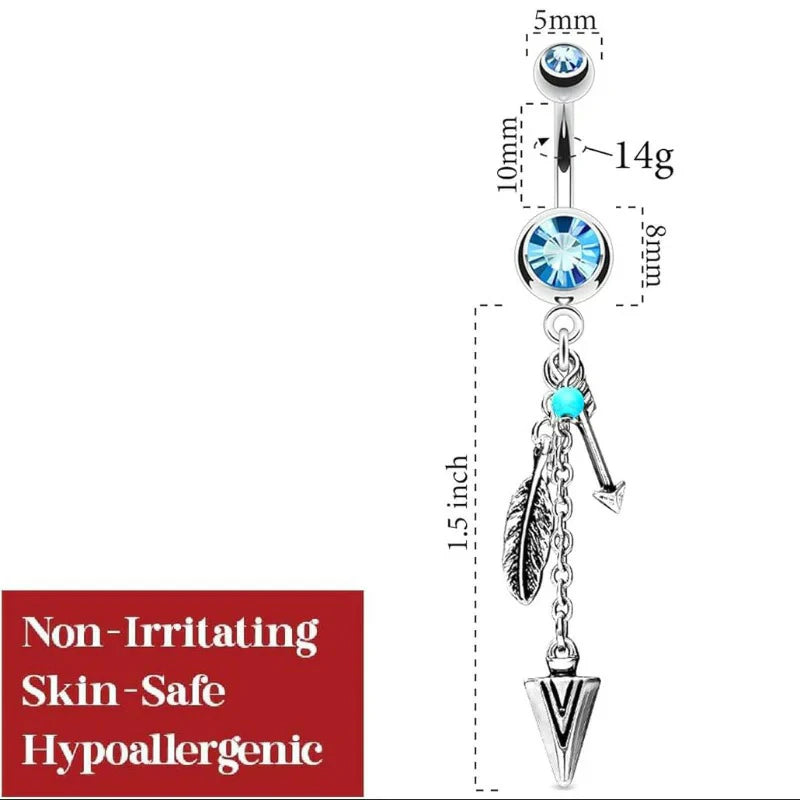 Surgical Steel Tribal Feather and Arrow Charms Synthetic Turquoise Dangle Belly Ring