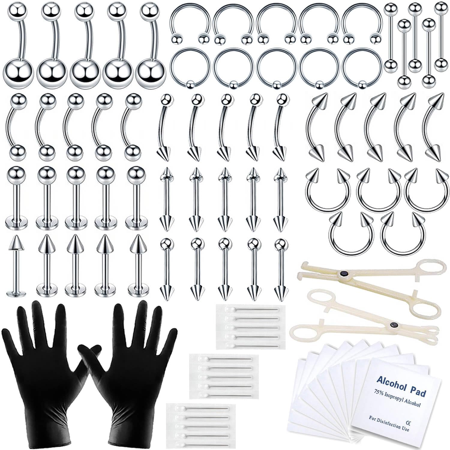 A - minusone 84PCS Body Septum Piercing Kit 14G 16G Tools for Nose Tongue Lip Ear Eyebrow Belly Button Cartilage Tragus Industrial Barbell Helix Daith Piercing Jewelry Clamps - QIAO CrystalQIAO CrystalQIAO Crystal