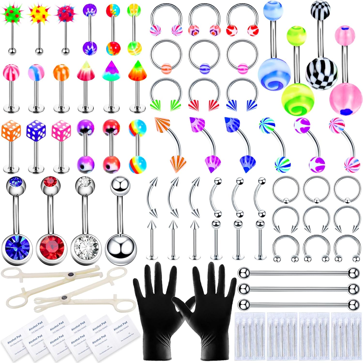 A - minusone 84PCS Body Septum Piercing Kit 14G 16G Tools for Nose Tongue Lip Ear Eyebrow Belly Button Cartilage Tragus Industrial Barbell Helix Daith Piercing Jewelry Clamps - QIAO CrystalQIAO CrystalQIAO Crystal