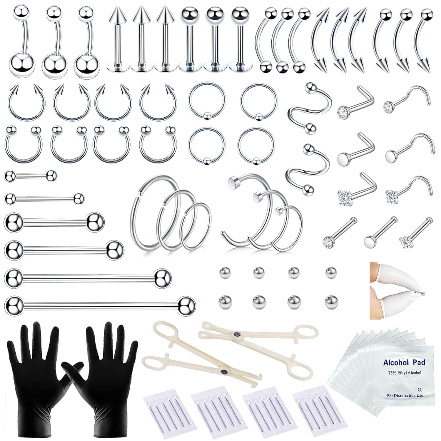 A - minusone 84PCS Body Septum Piercing Kit 14G 16G Tools for Nose Tongue Lip Ear Eyebrow Belly Button Cartilage Tragus Industrial Barbell Helix Daith Piercing Jewelry Clamps - QIAO CrystalQIAO CrystalQIAO Crystal