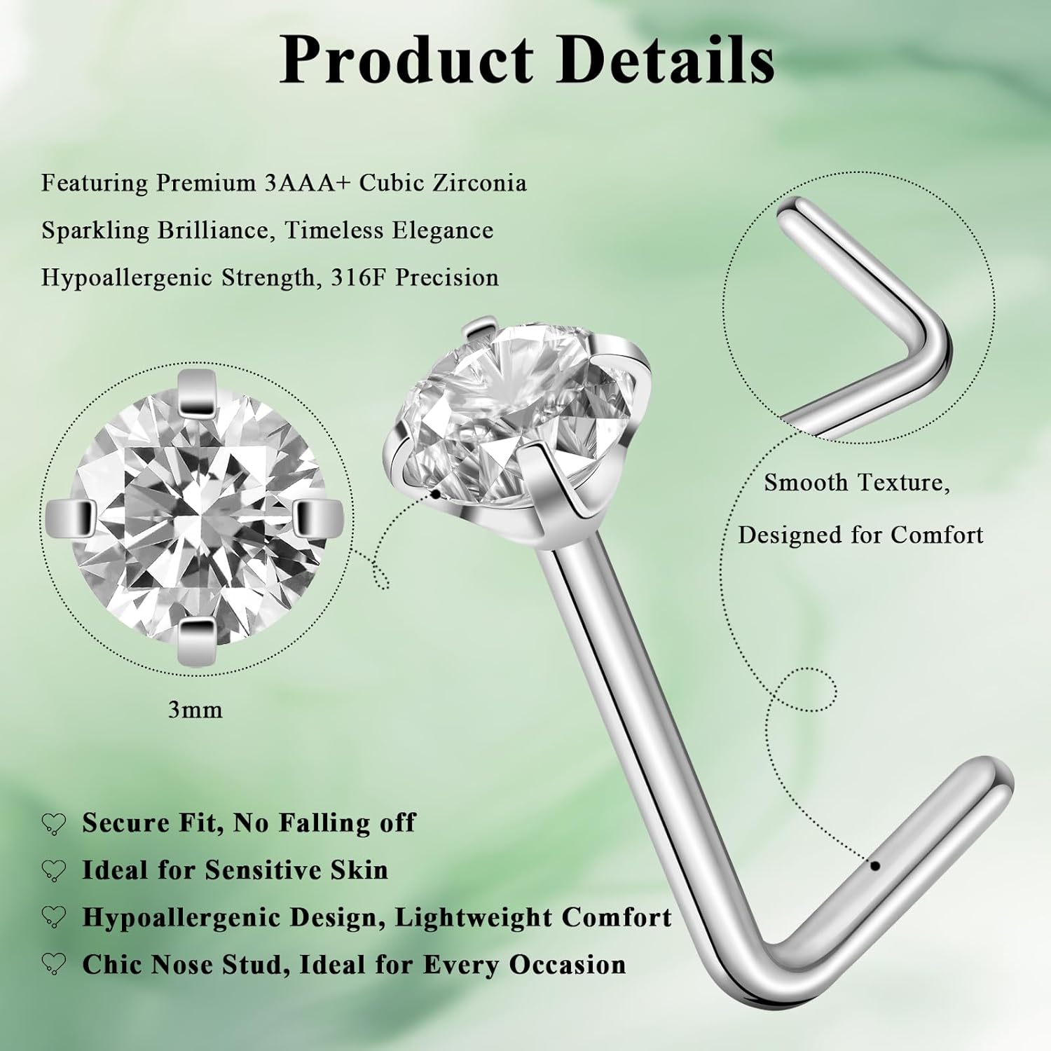 Aisoso Nose Rings, Titanium Steel Nose Piercings Stud Jewelry for Women Men Cubic Zirconia Imitation Diamond - QIAO CrystalQIAO CrystalQIAO Crystal