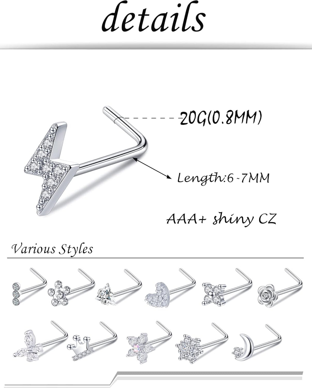 Akeoqi 12Pcs Nose Rings Stud L Shape Nose Rings Cubic Zirconia Butterfly Flower Eye Moon Crown Heart Lightning Shape Nose Studs Piercing Jewelry for Women Men Silver Gold Plated 20G - QIAO CrystalQIAO CrystalQIAO Crystal