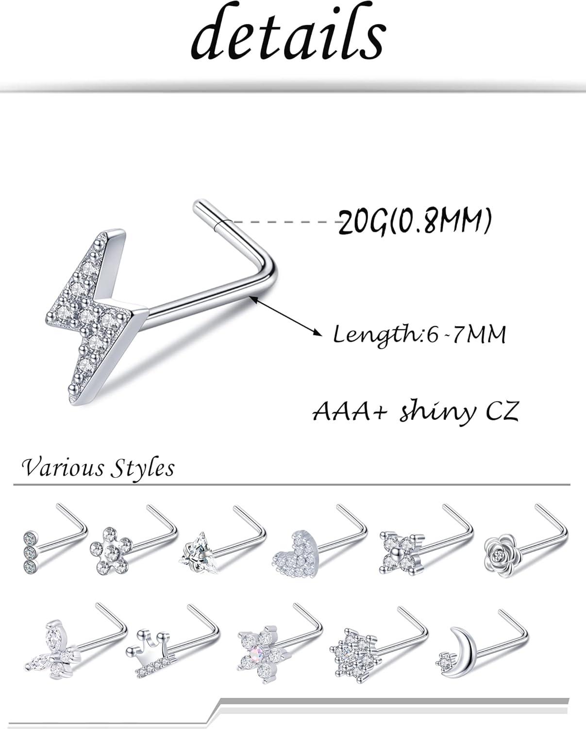 Akeoqi 12Pcs Nose Rings Stud L Shape Nose Rings Cubic Zirconia Butterfly Flower Eye Moon Crown Heart Lightning Shape Nose Studs Piercing Jewelry for Women Men Silver Gold Plated 20G - QIAO CrystalQIAO CrystalQIAO Crystal