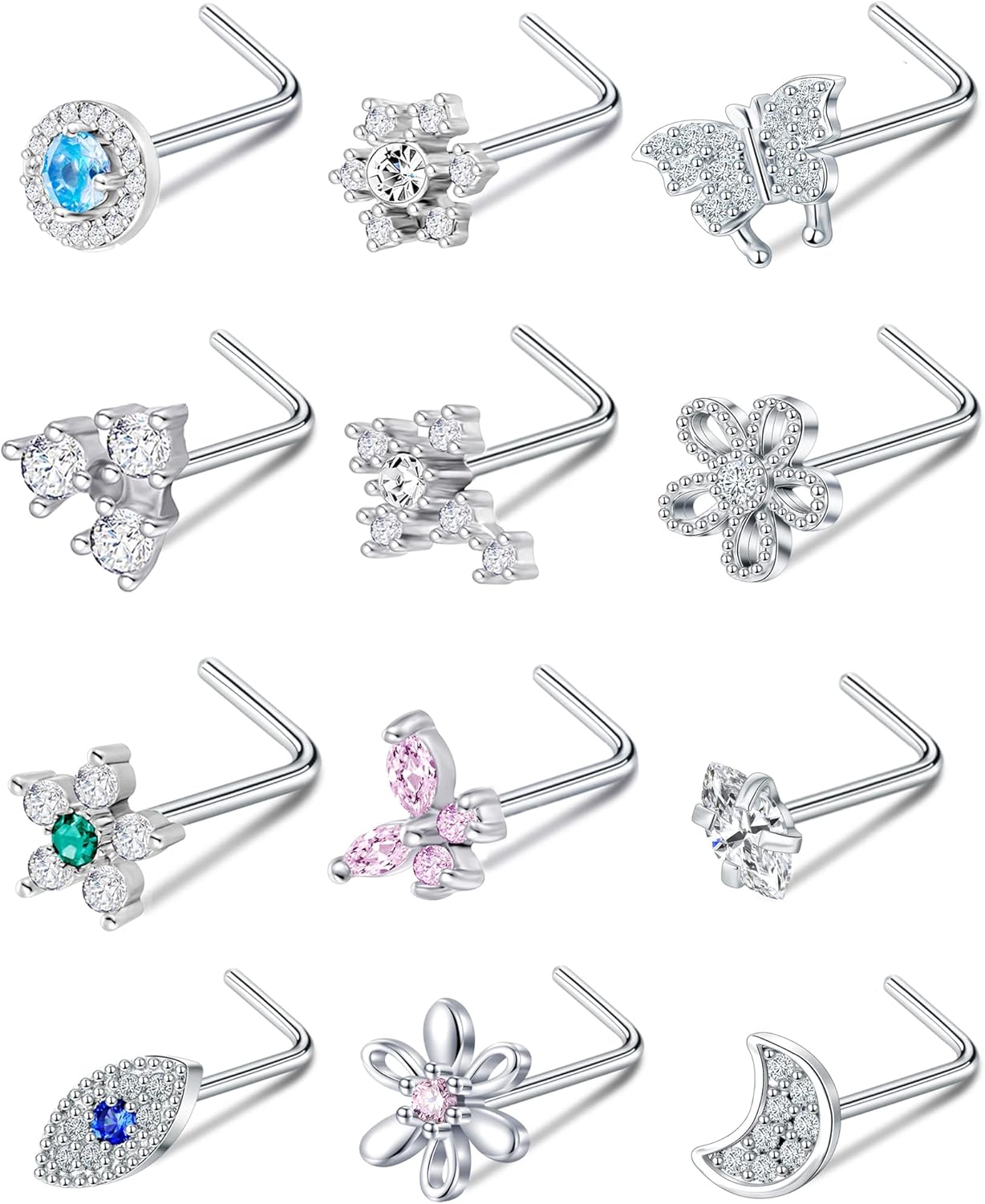 Akeoqi 12Pcs Nose Rings Stud L Shape Nose Rings Cubic Zirconia Butterfly Flower Eye Moon Crown Heart Lightning Shape Nose Studs Piercing Jewelry for Women Men Silver Gold Plated 20G - QIAO CrystalQIAO CrystalQIAO Crystal