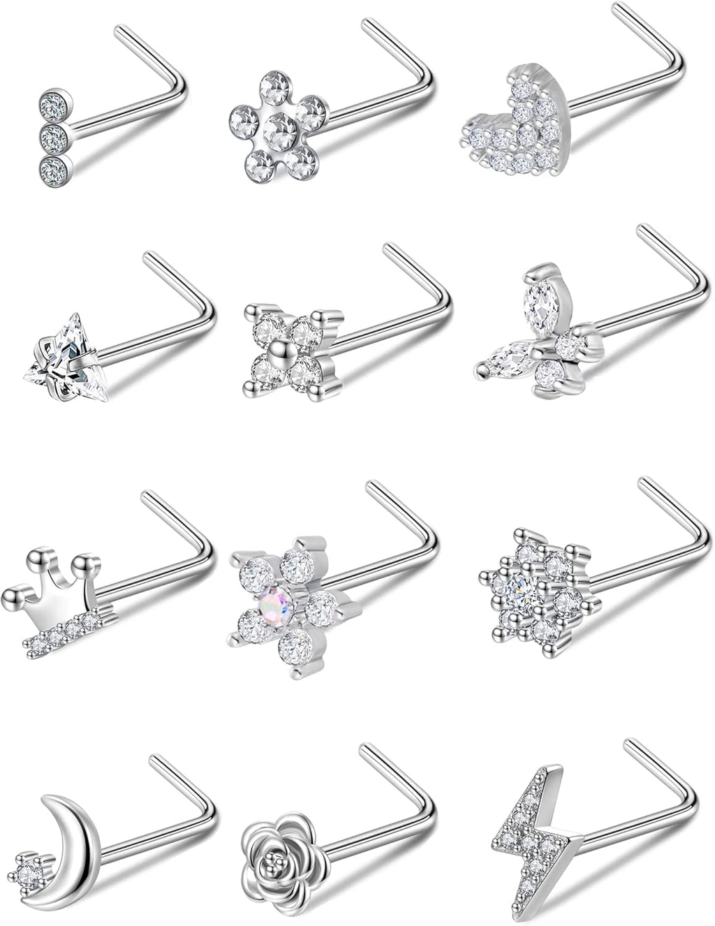 Akeoqi 12Pcs Nose Rings Stud L Shape Nose Rings Cubic Zirconia Butterfly Flower Eye Moon Crown Heart Lightning Shape Nose Studs Piercing Jewelry for Women Men Silver Gold Plated 20G - QIAO CrystalQIAO CrystalQIAO Crystal