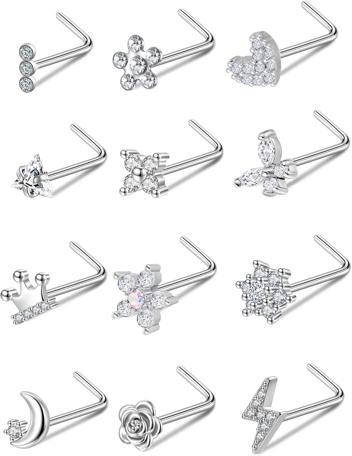 Akeoqi 12Pcs Nose Rings Stud L Shape Nose Rings Cubic Zirconia Butterfly Flower Eye Moon Crown Heart Lightning Shape Nose Studs Piercing Jewelry for Women Men Silver Gold Plated 20G - QIAO CrystalQIAO CrystalQIAO Crystal