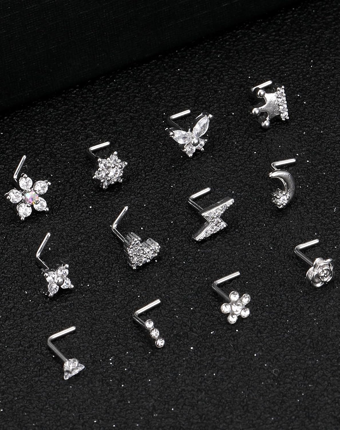 Akeoqi 12Pcs Nose Rings Stud L Shape Nose Rings Cubic Zirconia Butterfly Flower Eye Moon Crown Heart Lightning Shape Nose Studs Piercing Jewelry for Women Men Silver Gold Plated 20G - QIAO CrystalQIAO CrystalQIAO Crystal