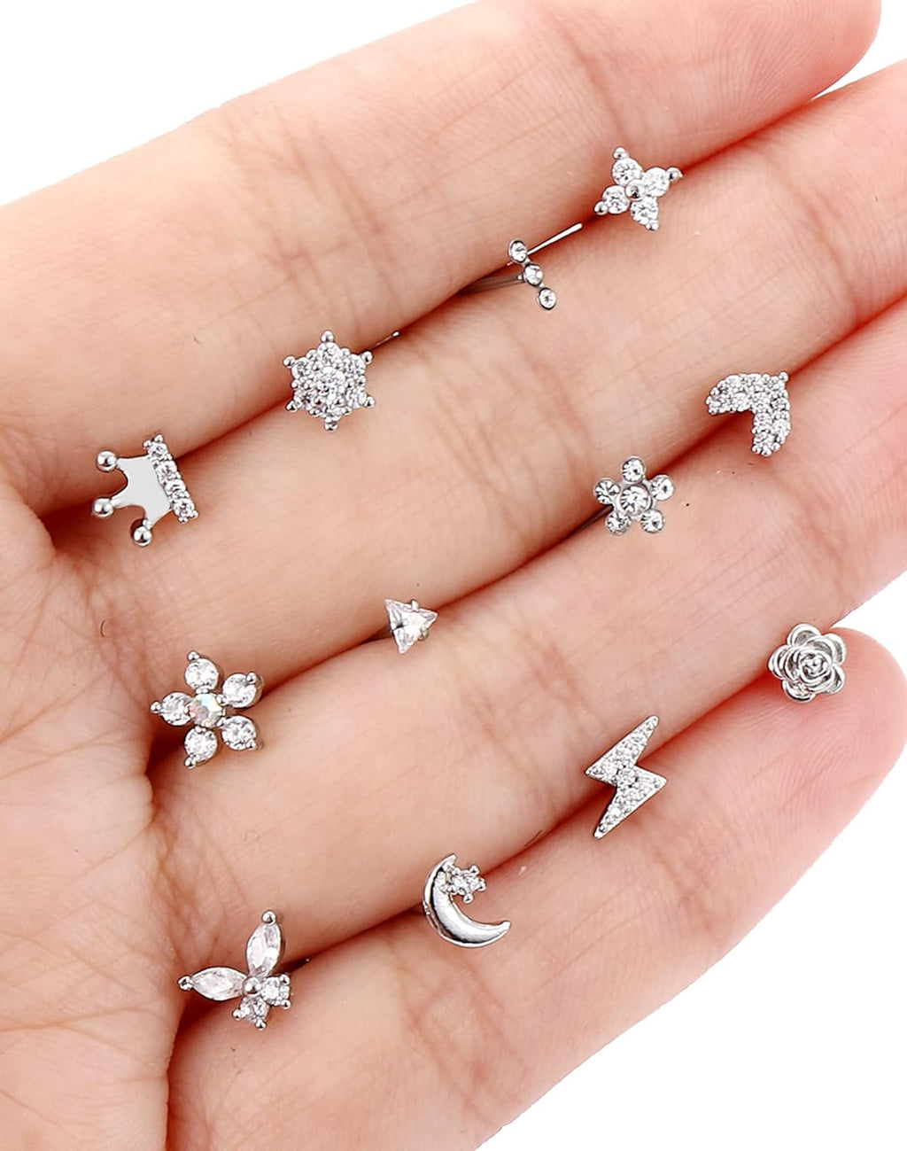 Akeoqi 12Pcs Nose Rings Stud L Shape Nose Rings Cubic Zirconia Butterfly Flower Eye Moon Crown Heart Lightning Shape Nose Studs Piercing Jewelry for Women Men Silver Gold Plated 20G - QIAO CrystalQIAO CrystalQIAO Crystal