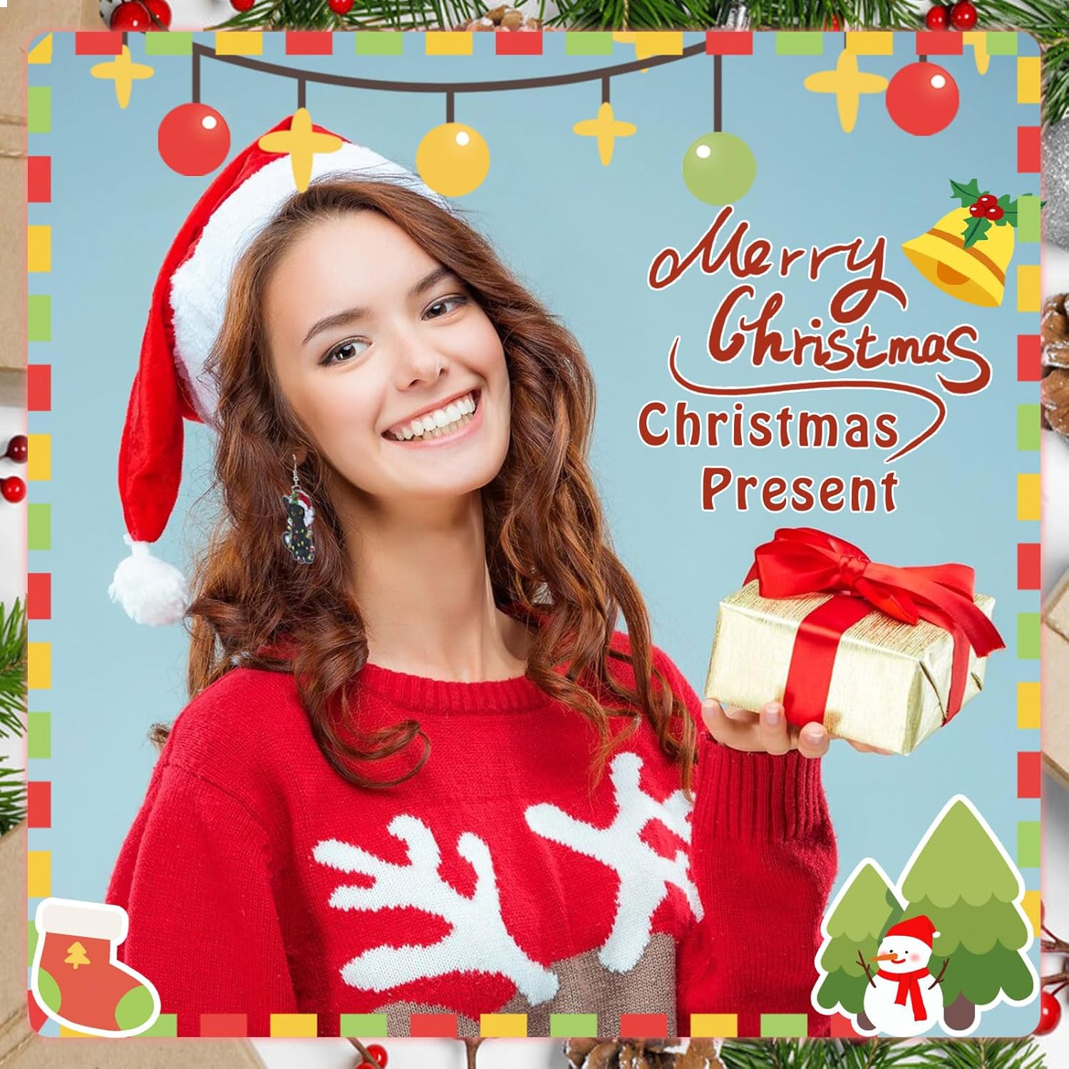 Artlunar Christmas Earrings, Christmas Accessories For Women - Holiday Drop Earrings - Jingle Bell/Black Cat/Christmas Sock - 我的商店我的商店我的商店