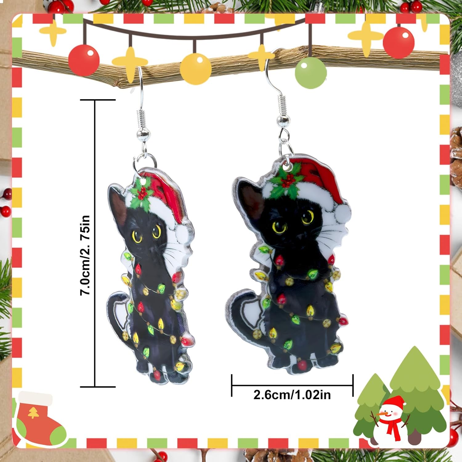 Artlunar Christmas Earrings, Christmas Accessories For Women - Holiday Drop Earrings - Jingle Bell/Black Cat/Christmas Sock - 我的商店我的商店我的商店