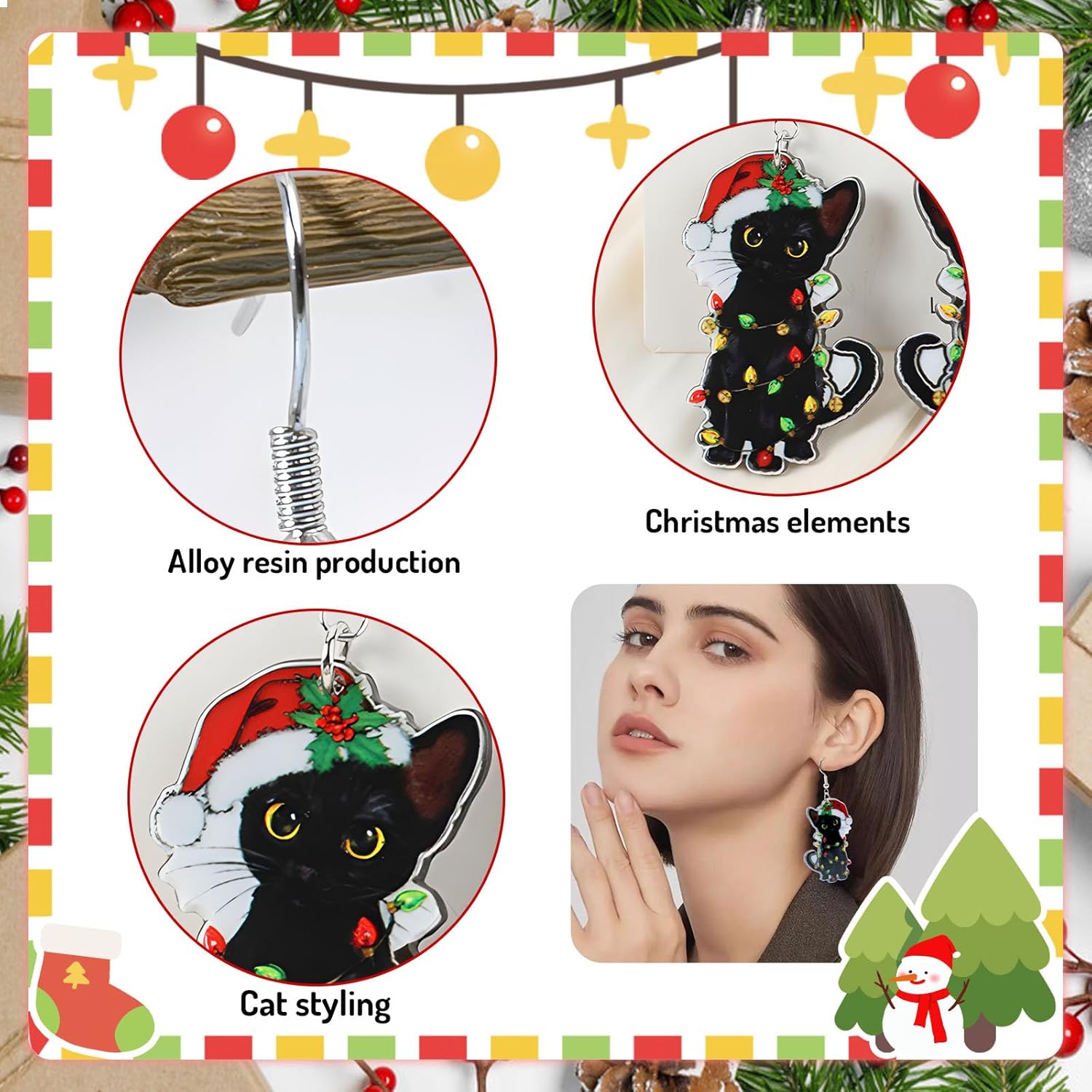Artlunar Christmas Earrings, Christmas Accessories For Women - Holiday Drop Earrings - Jingle Bell/Black Cat/Christmas Sock - 我的商店我的商店我的商店