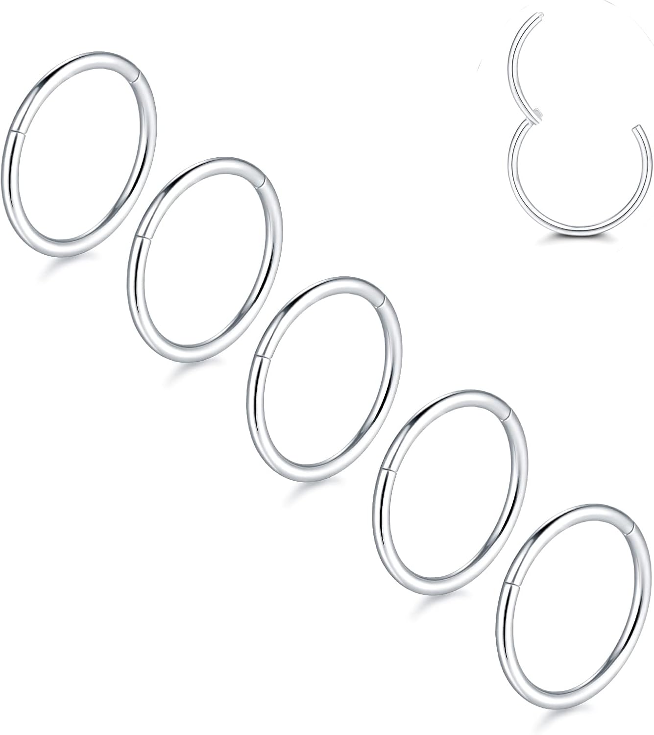 Aumeo 14G 16G 18G 20G Nose Ring Hoop Stainless Steel Hinged Segment Rings Hoops Nose Clicker Ring Tragus Helix Cartilage Daith Rook Earring Piercing Jewelry for Women Men - QIAO CrystalQIAO CrystalQIAO Crystal