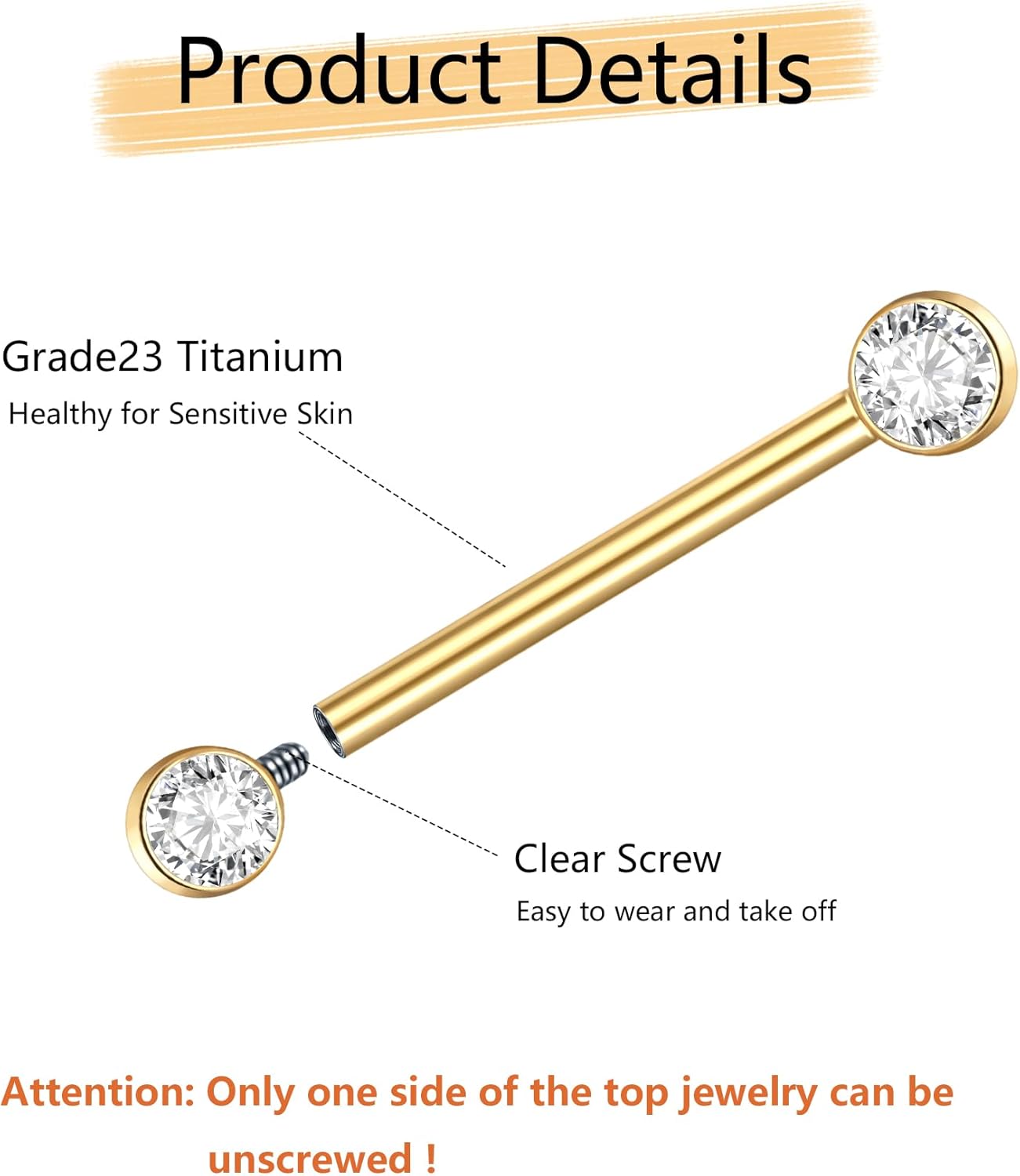 Aumeo 14G G23 Titanium Internally Threaded Nipple Rings Gold Nipple Piercing Jewelry for Women - QIAO CrystalQIAO CrystalQIAO Crystal