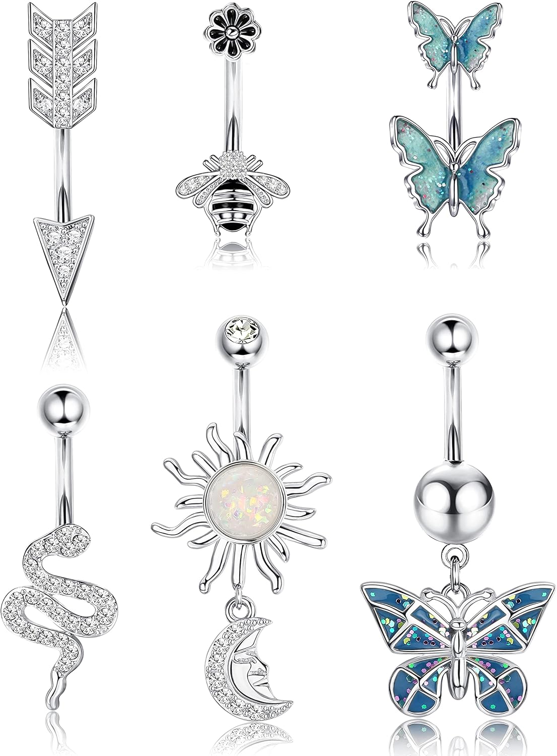 Belly Buton Rings Surgical Stainless Steel Belly Button Ring for Women Dangle Belly Button Rings Butterfly Cubic Zirconia Navel Barbell Body Piercing - 我的商店我的商店我的商店
