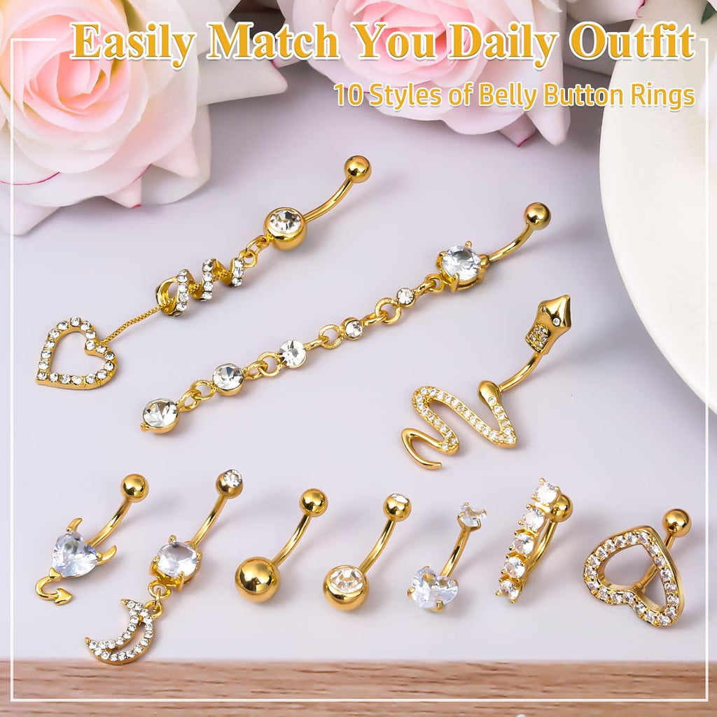 Belly Button Piercing Ring for Women, 10 PCS 14G Surgical Steel Belly Button Rings Barbell Jewelry Rings Bulk for Body Piercing with Long Bar Dangle Curved Navel Rings Heart Belly Ring - 我的商店我的商店我的商店