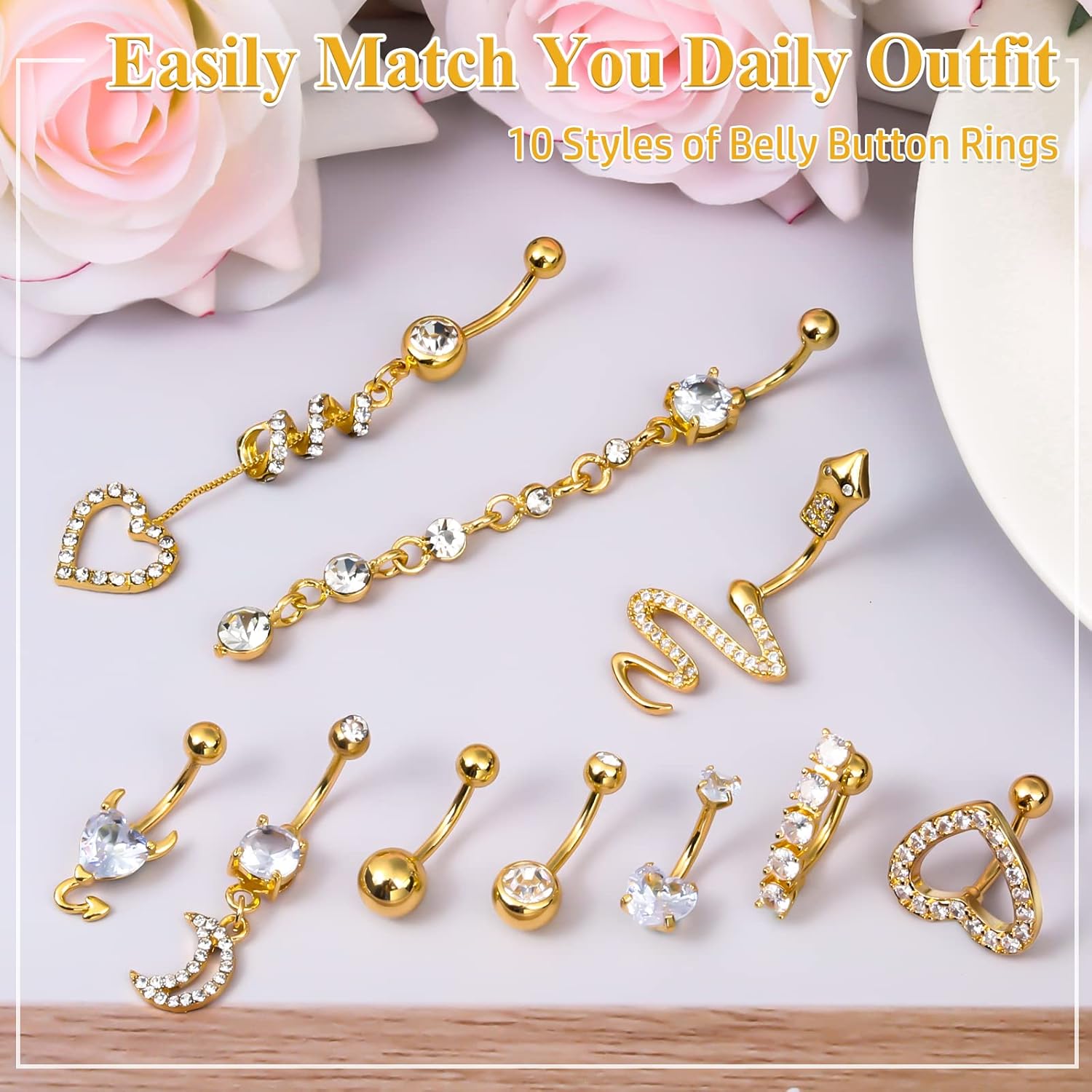 Belly Button Piercing Ring for Women, 10 PCS 14G Surgical Steel Belly Button Rings Barbell Jewelry Rings Bulk for Body Piercing with Long Bar Dangle Curved Navel Rings Heart Belly Ring - 我的商店我的商店我的商店