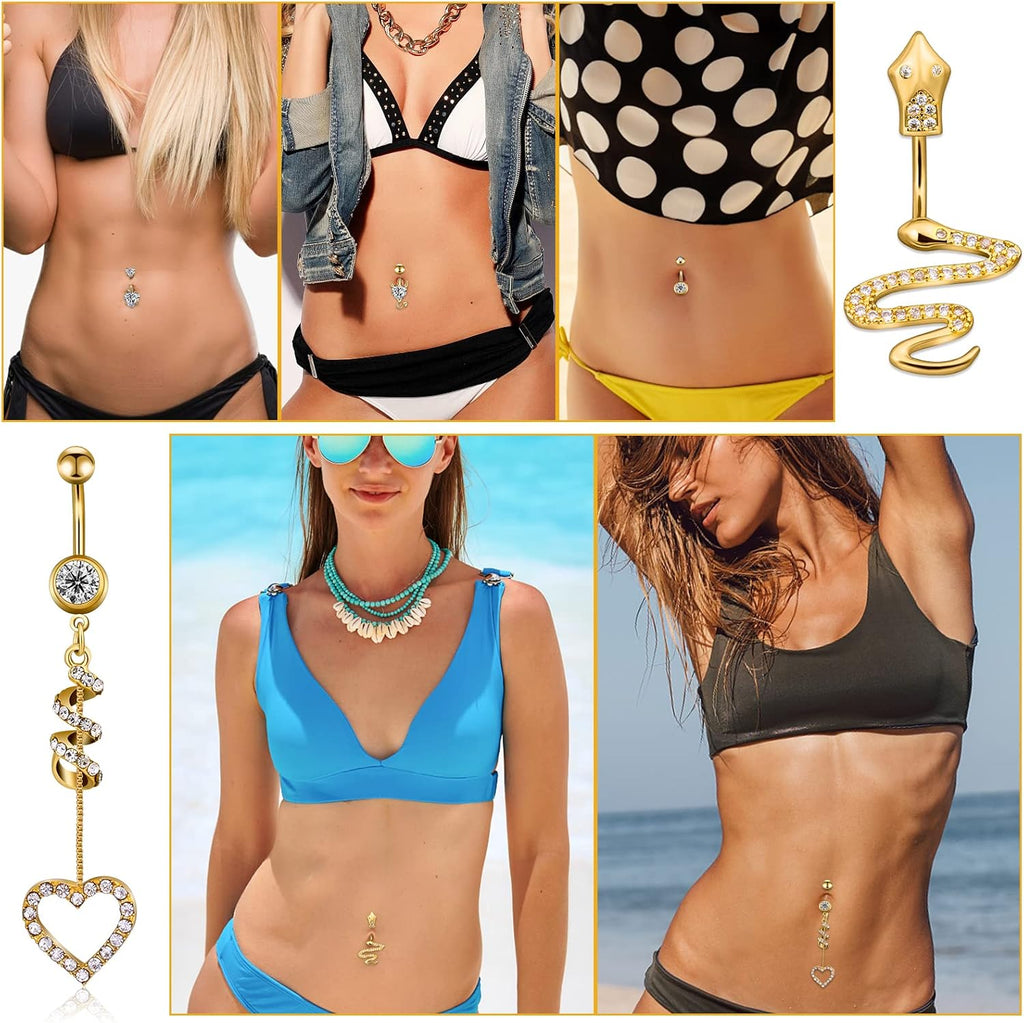 Belly Button Piercing Ring for Women, 10 PCS 14G Surgical Steel Belly Button Rings Barbell Jewelry Rings Bulk for Body Piercing with Long Bar Dangle Curved Navel Rings Heart Belly Ring - 我的商店我的商店我的商店