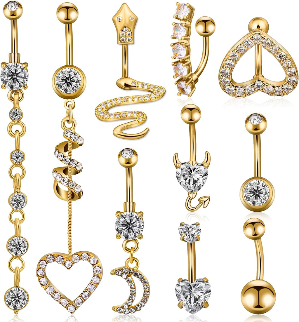 Belly Button Piercing Ring for Women, 10 PCS 14G Surgical Steel Belly Button Rings Barbell Jewelry Rings Bulk for Body Piercing with Long Bar Dangle Curved Navel Rings Heart Belly Ring - 我的商店我的商店我的商店