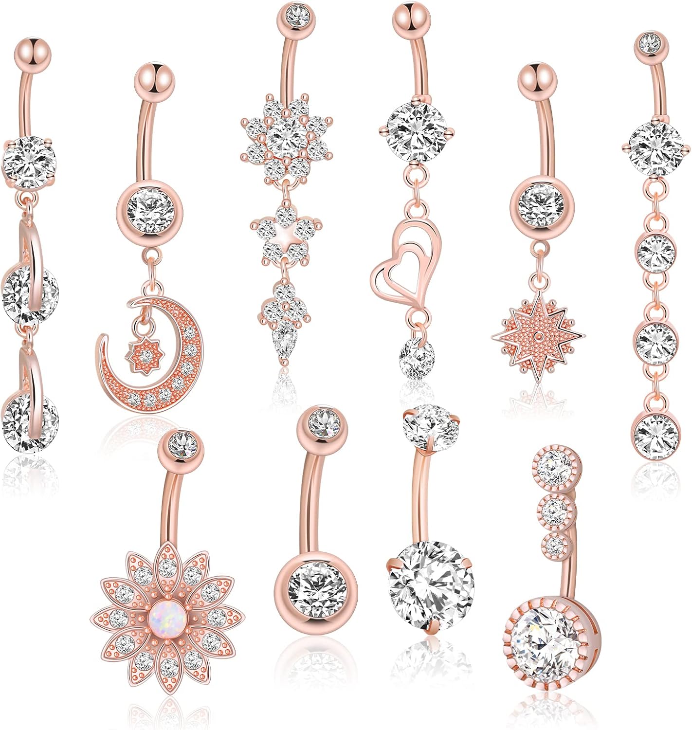 Belly Button Piercing Ring for Women, 10 PCS 14G Surgical Steel Belly Button Rings Barbell Jewelry Rings Bulk for Body Piercing with Long Bar Dangle Curved Navel Rings Heart Belly Ring - 我的商店我的商店我的商店