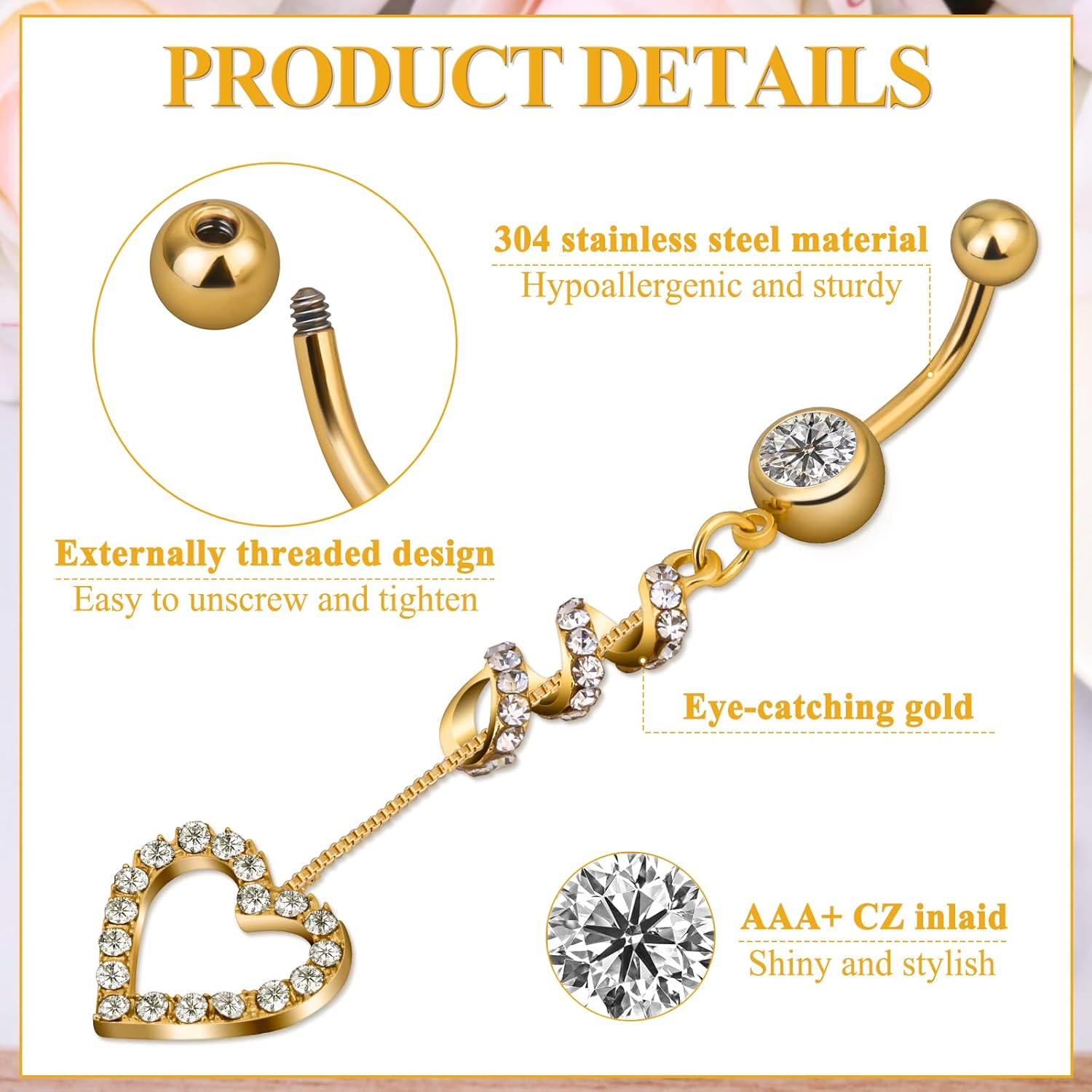 Belly Button Piercing Ring for Women, 10 PCS 14G Surgical Steel Belly Button Rings Barbell Jewelry Rings Bulk for Body Piercing with Long Bar Dangle Curved Navel Rings Heart Belly Ring - 我的商店我的商店我的商店