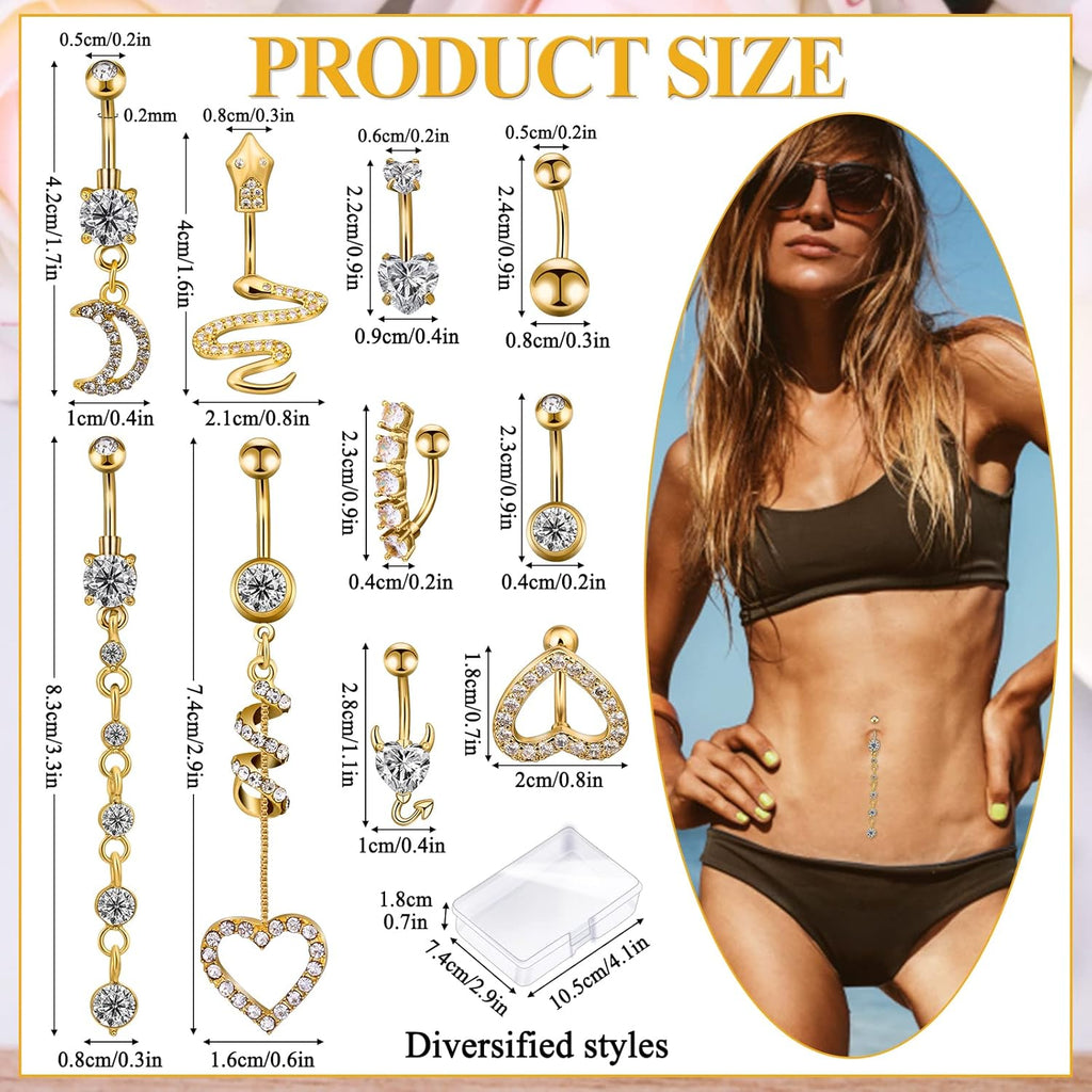 Belly Button Piercing Ring for Women, 10 PCS 14G Surgical Steel Belly Button Rings Barbell Jewelry Rings Bulk for Body Piercing with Long Bar Dangle Curved Navel Rings Heart Belly Ring - 我的商店我的商店我的商店