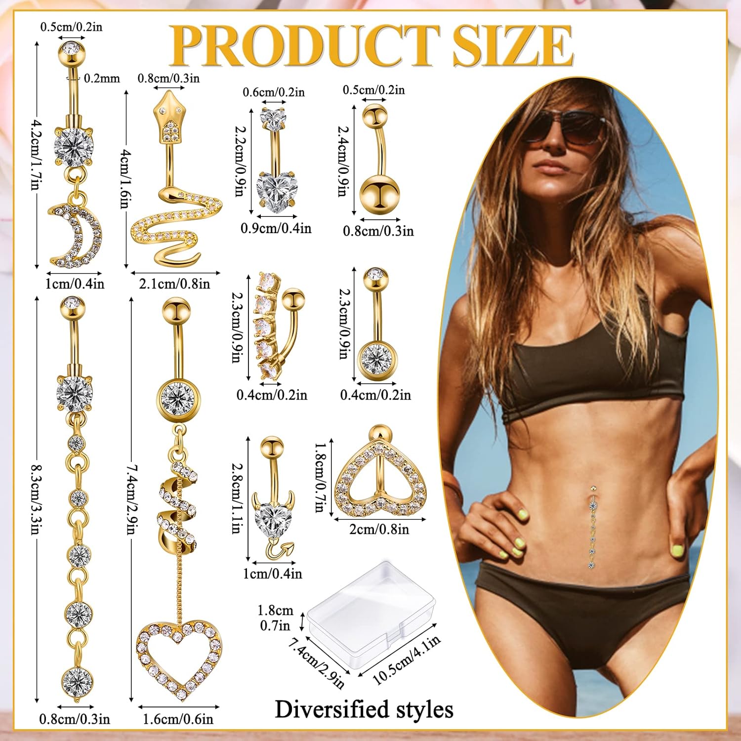 Belly Button Piercing Ring for Women, 10 PCS 14G Surgical Steel Belly Button Rings Barbell Jewelry Rings Bulk for Body Piercing with Long Bar Dangle Curved Navel Rings Heart Belly Ring - 我的商店我的商店我的商店