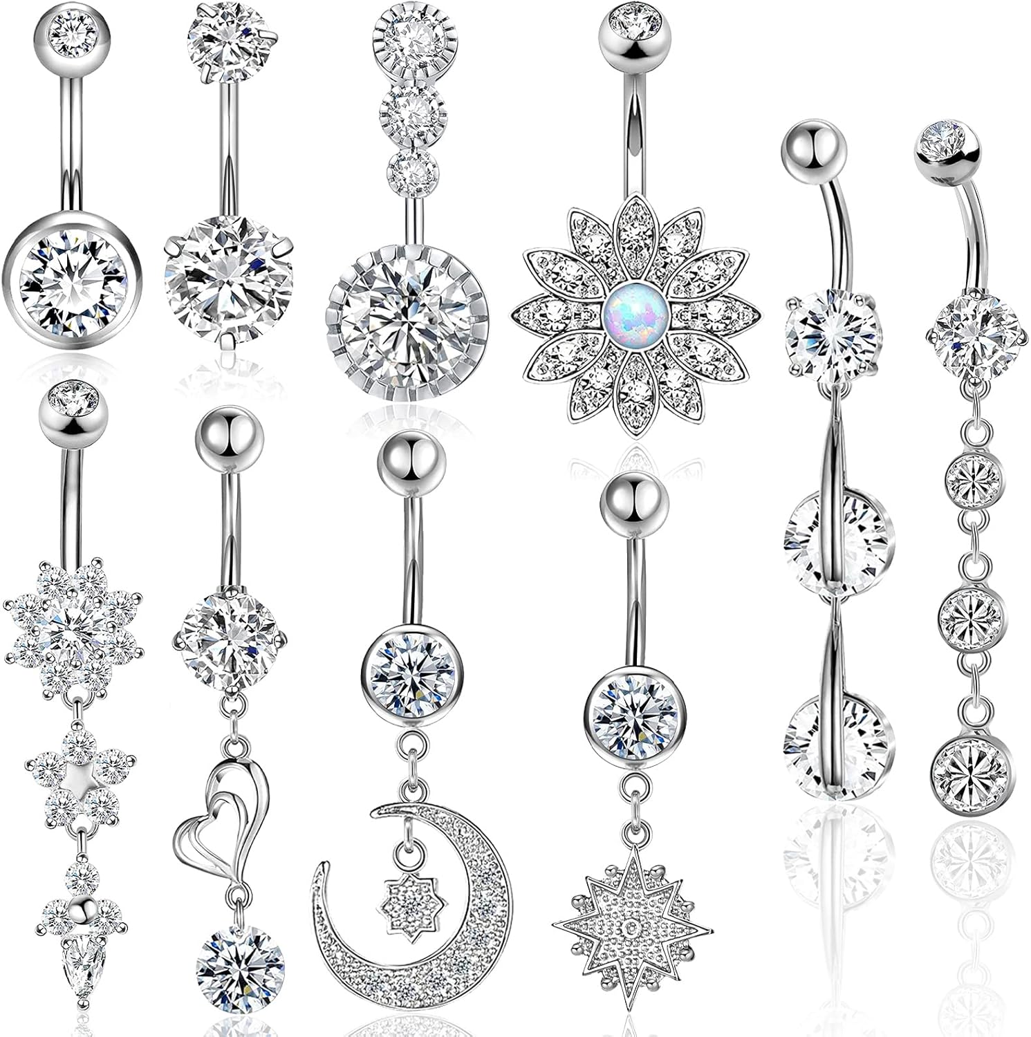 Belly Button Piercing Ring for Women, 10 PCS 14G Surgical Steel Belly Button Rings Barbell Jewelry Rings Bulk for Body Piercing with Long Bar Dangle Curved Navel Rings Heart Belly Ring - 我的商店我的商店我的商店