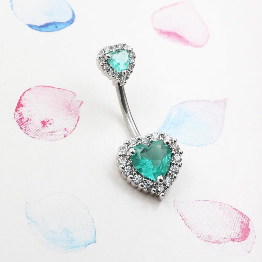 Belly Button Ring Belly Piercing Heart CZ Lake Green Stainless Steel - 我的商店我的商店我的商店