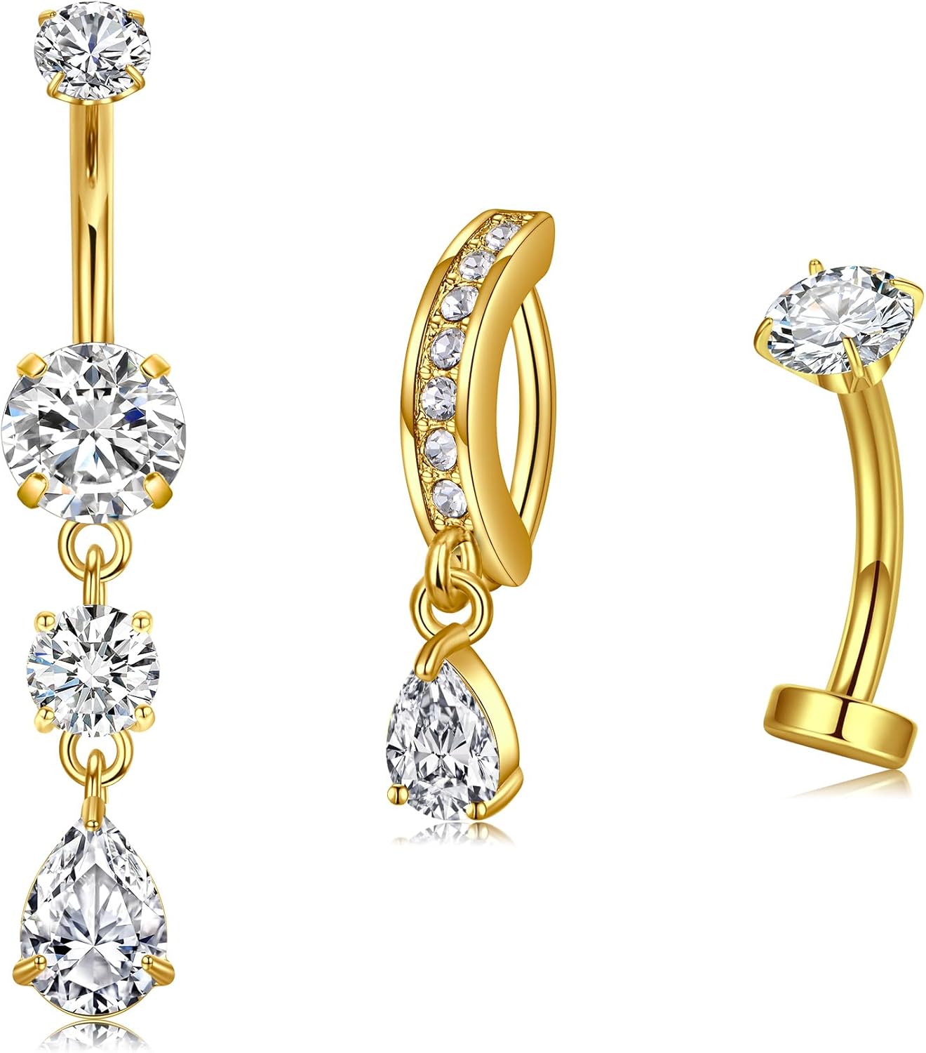 Belly Button Ring Clear CZ Dangle Belly Button Piercing Belly Rings Dangle Belly Button Rings Surgical Steel Teardrop Dangle Belly Button Jewelry for Women Silver Gold - 我的商店我的商店我的商店