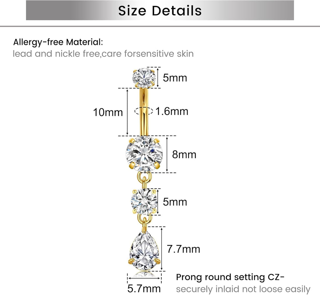 Belly Button Ring Clear CZ Dangle Belly Button Piercing Belly Rings Dangle Belly Button Rings Surgical Steel Teardrop Dangle Belly Button Jewelry for Women Silver Gold - 我的商店我的商店我的商店